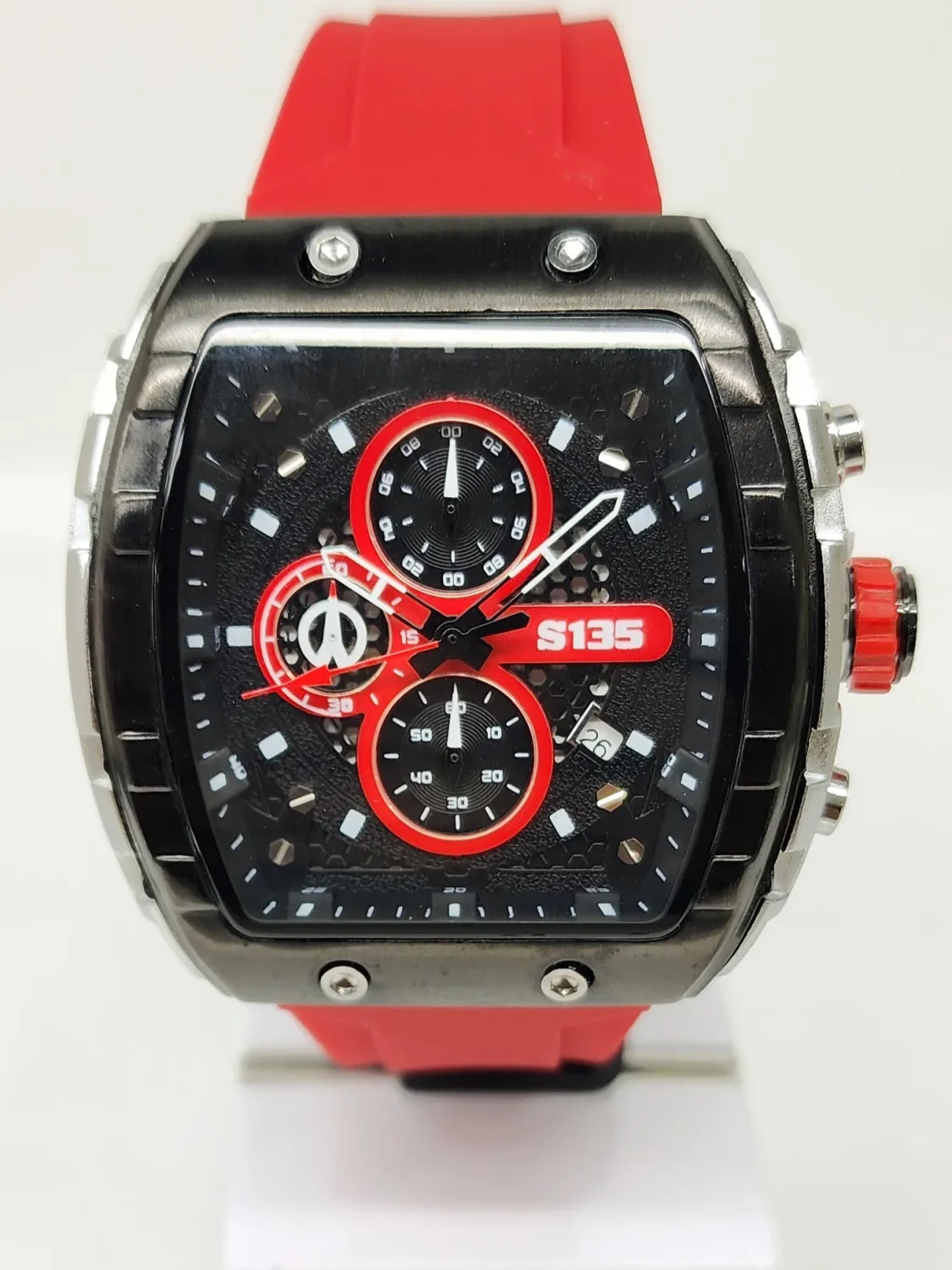 Stylish Mens Analog Rubber Strap, Multifunction Analog Red Rubber Strap, Gold/Black Case, Black Dial Quartz Watch