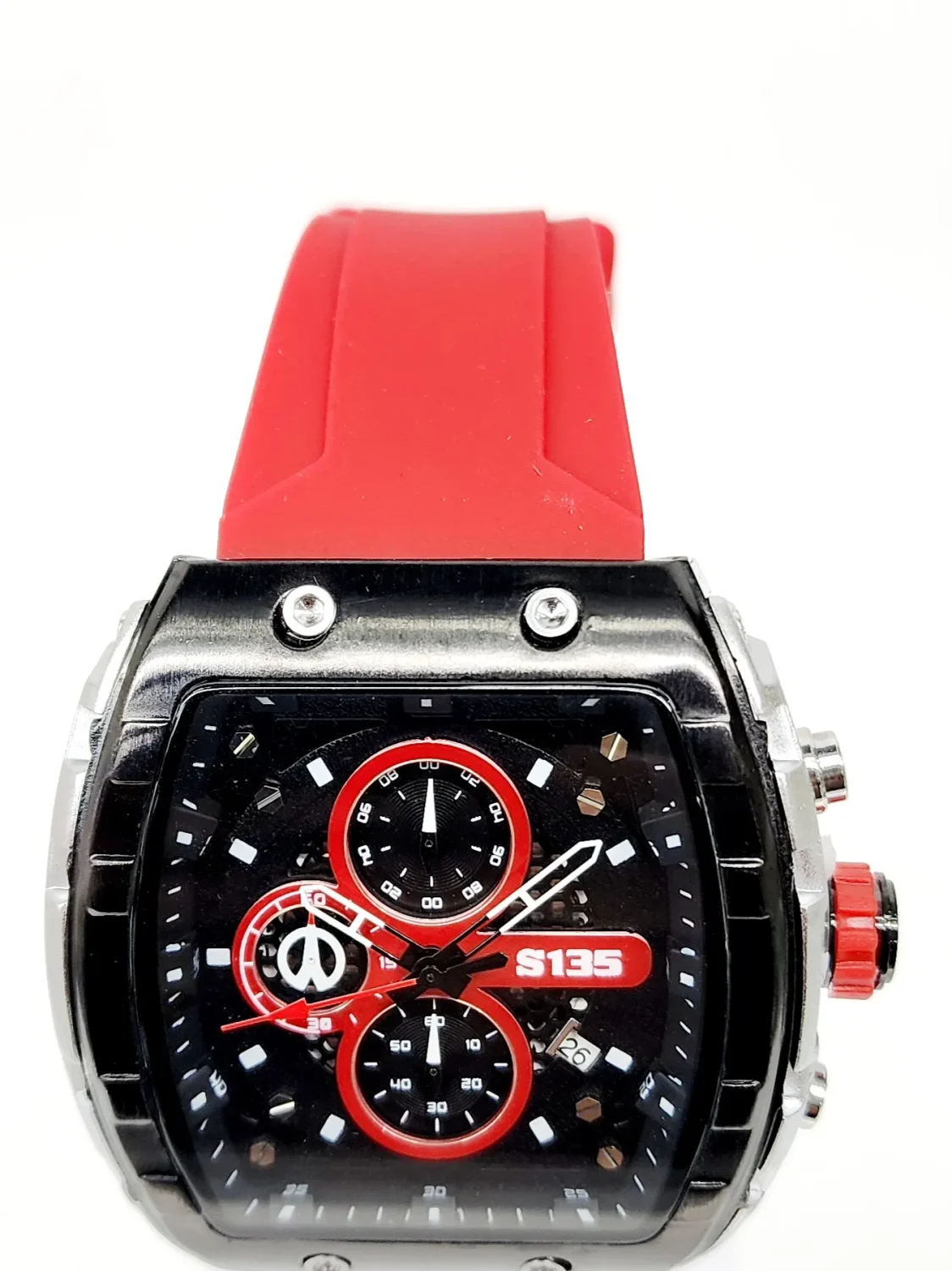 Stylish Mens Analog Rubber Strap, Multifunction Analog Red Rubber Strap, Gold/Black Case, Black Dial Quartz Watch