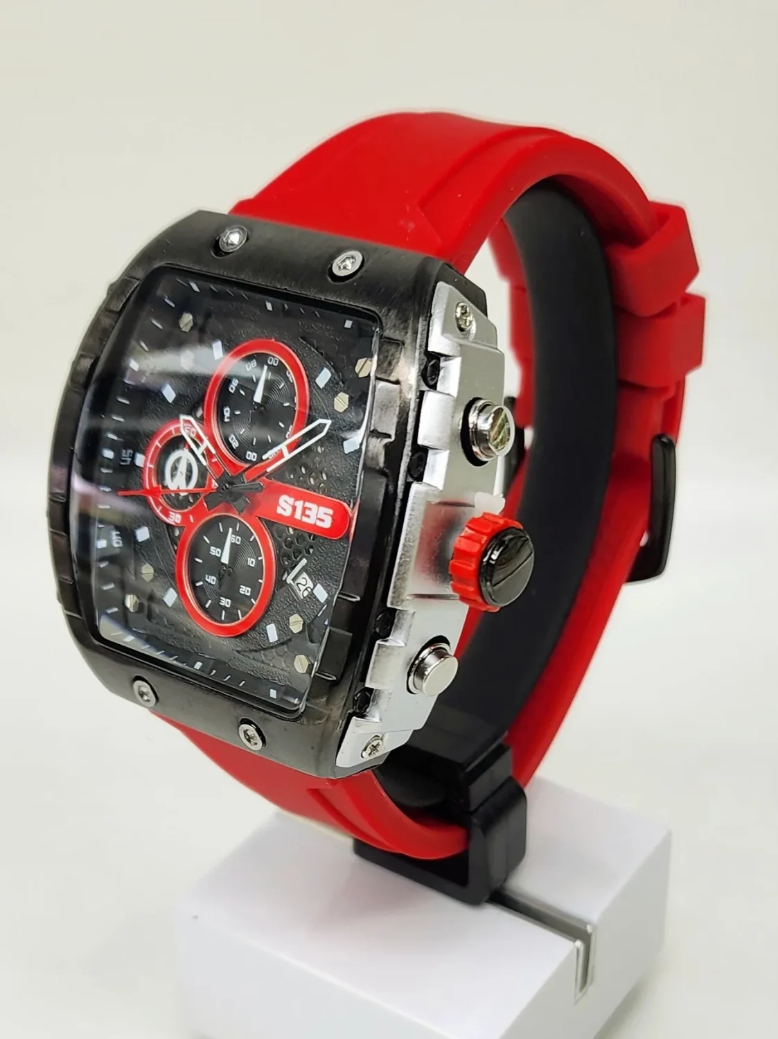 Stylish Mens Analog Rubber Strap, Multifunction Analog Red Rubber Strap, Gold/Black Case, Black Dial Quartz Watch