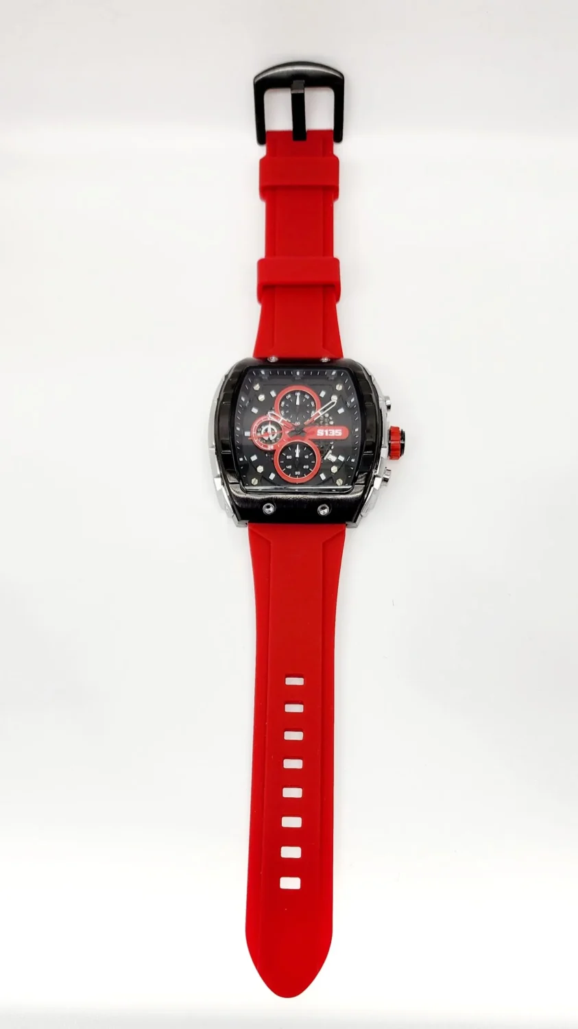 Stylish Mens Analog Rubber Strap, Multifunction Analog Red Rubber Strap, Gold/Black Case, Black Dial Quartz Watch
