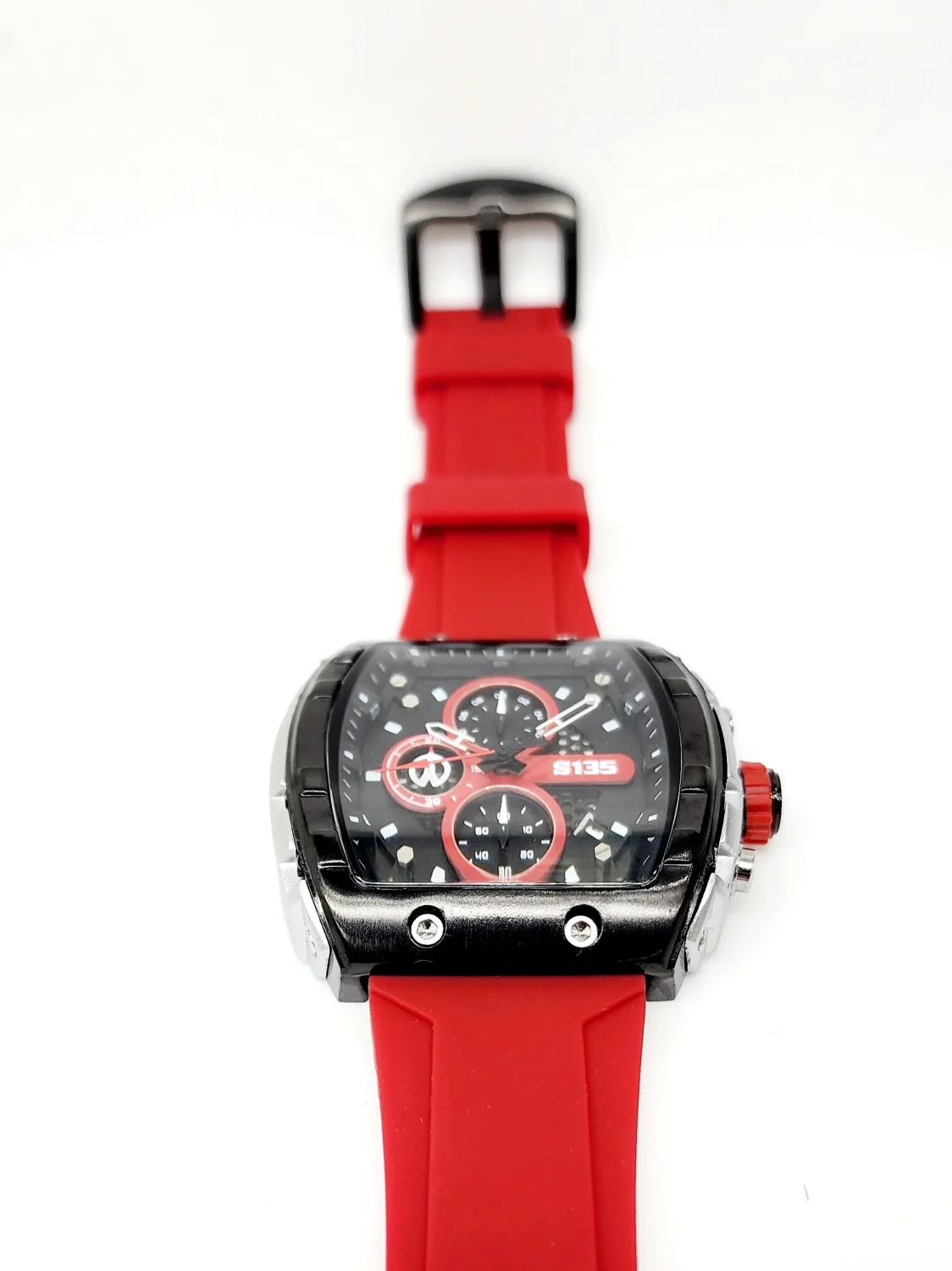 Stylish Mens Analog Rubber Strap, Multifunction Analog Red Rubber Strap, Gold/Black Case, Black Dial Quartz Watch