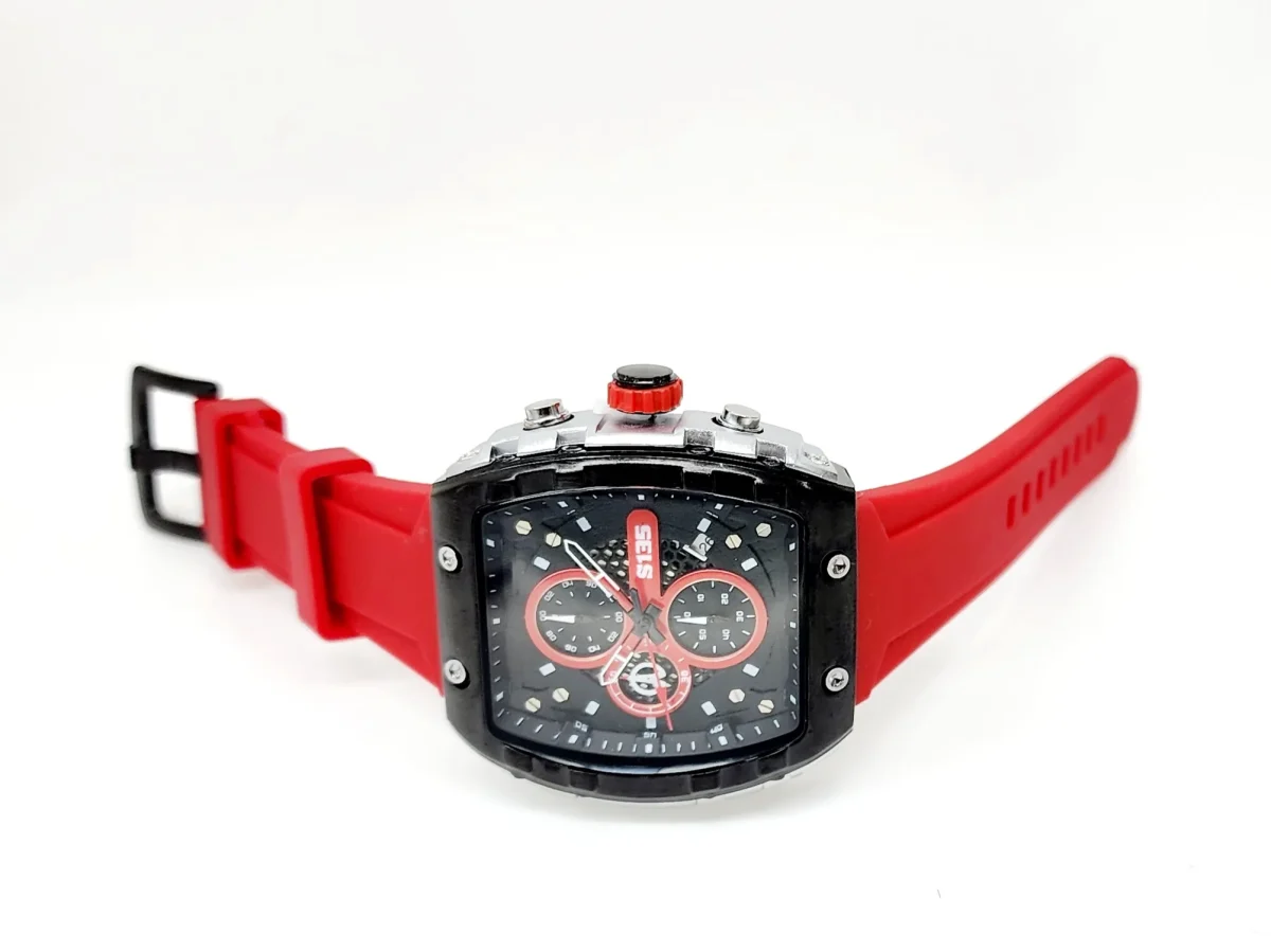 Stylish Mens Analog Rubber Strap, Multifunction Analog Red Rubber Strap, Gold/Black Case, Black Dial Quartz Watch