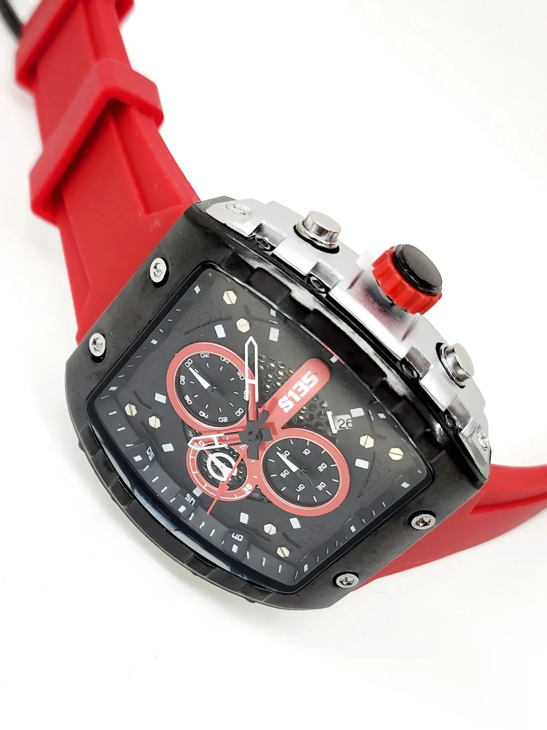 Stylish Mens Analog Rubber Strap, Multifunction Analog Red Rubber Strap, Gold/Black Case, Black Dial Quartz Watch