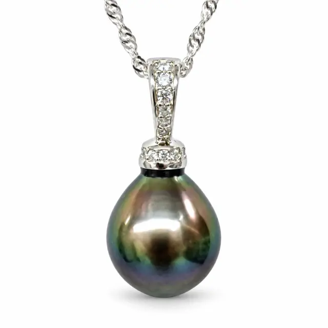 Tahitian Black Pearl Pendant – 11–11.5mm Peacock Teardrop with CZ in Sterling Silver Cap