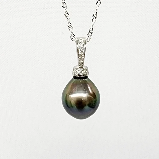 Tahitian Black Pearl Pendant – 11–11.5mm Peacock Teardrop with CZ in Sterling Silver Cap