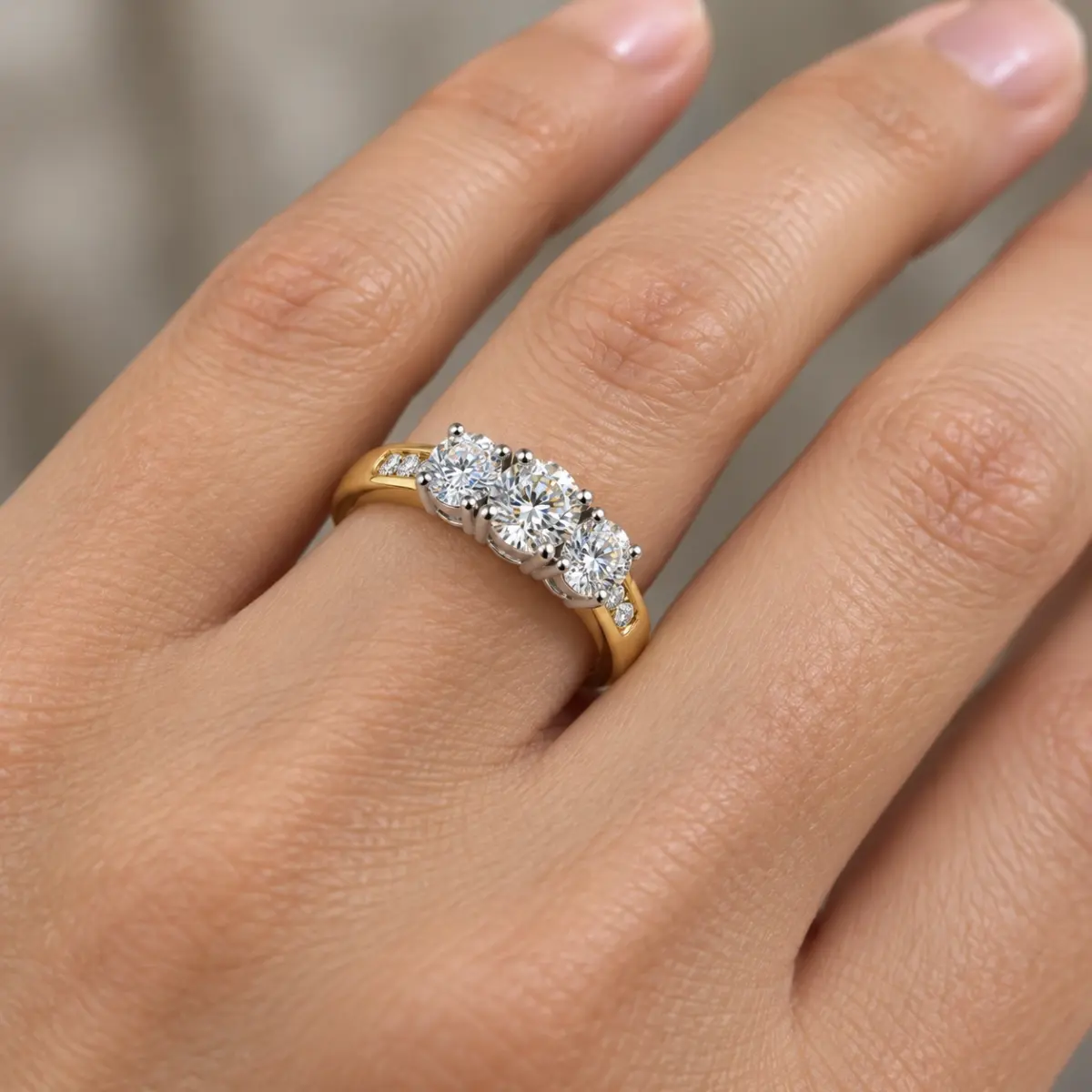 Three Stone Engagement Ring with 0.60 Carat TW of Diamonds in 9ct Yellow & White Gold