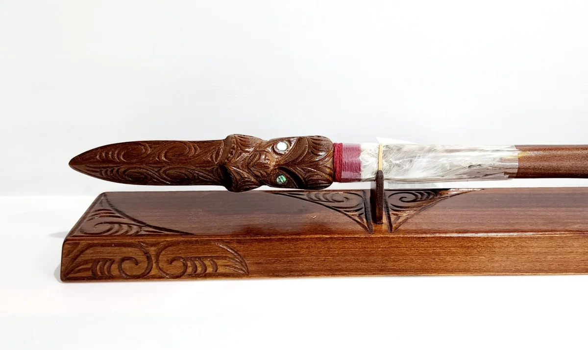 Wooden Carved 50th Maori Taiaha on Stand with 50 Paua Shell Inlay