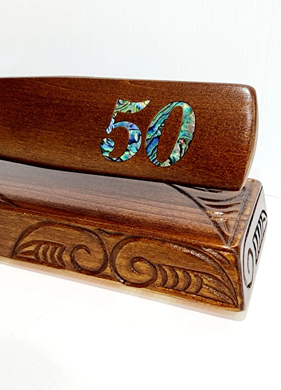 Wooden Carved 50th Maori Taiaha on Stand with 50 Paua Shell Inlay