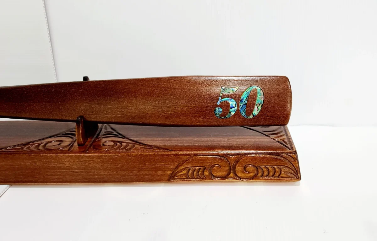Wooden Carved 50th Maori Taiaha on Stand with 50 Paua Shell Inlay