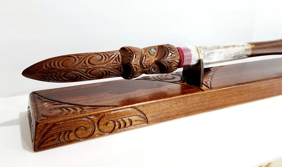 Wooden Carved 50th Maori Taiaha on Stand with 50 Paua Shell Inlay