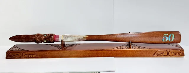 Wooden Carved 50th Maori Taiaha on Stand with 50 Paua Shell Inlay