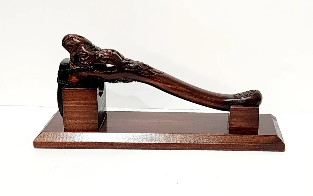 Wooden Carved & New Zealand Greenstone Toki on Stand