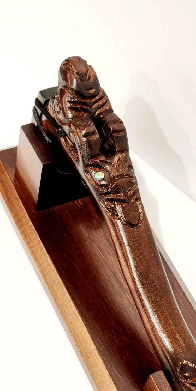 Wooden Carved & New Zealand Greenstone Toki on Stand