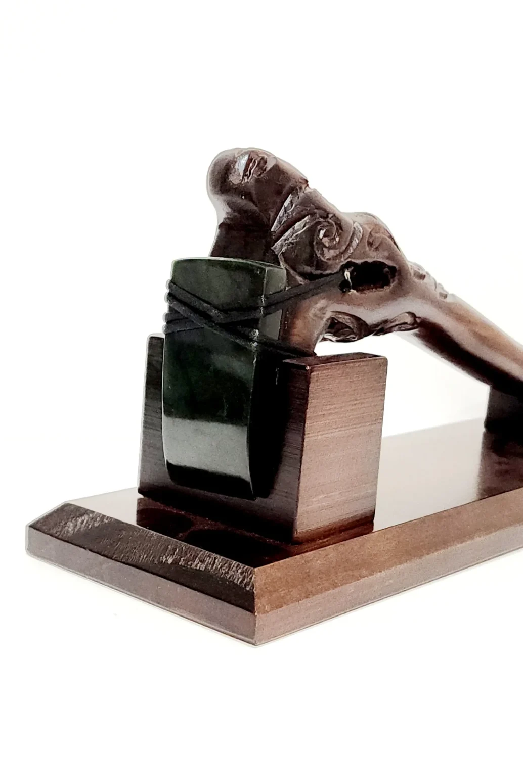 Wooden Carved & New Zealand Greenstone Toki on Stand