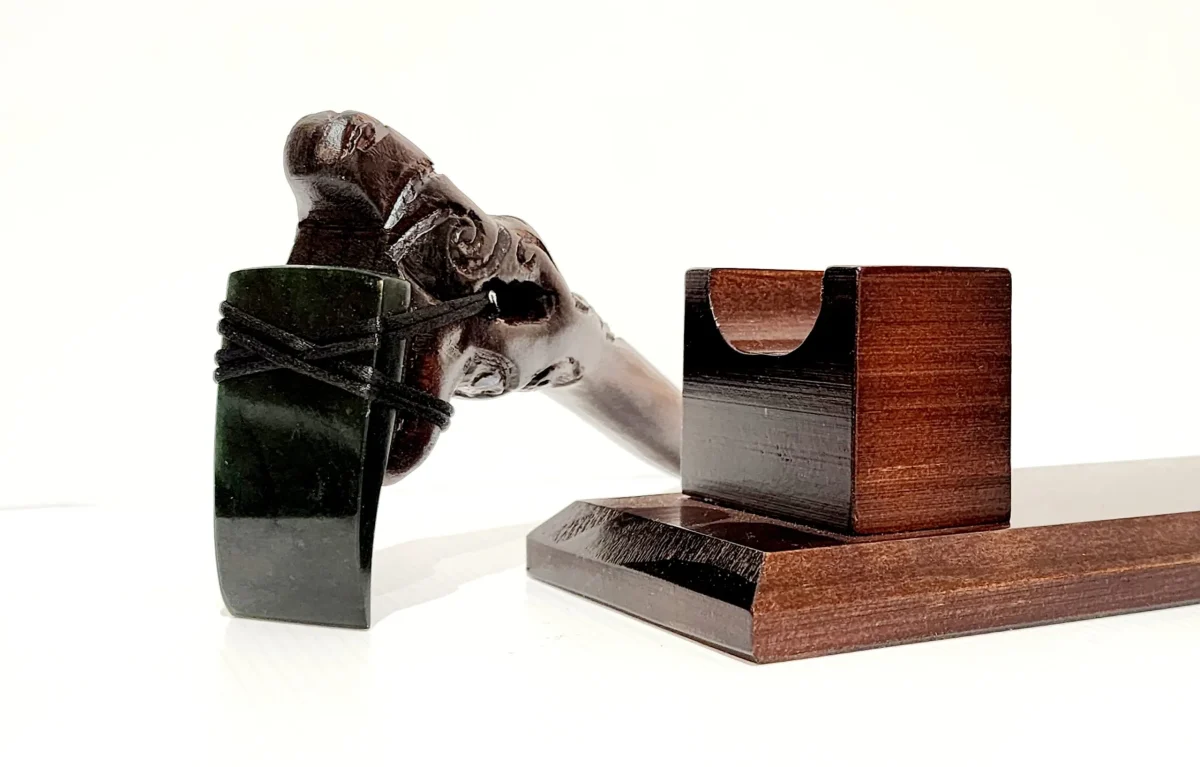 Wooden Carved & New Zealand Greenstone Toki on Stand