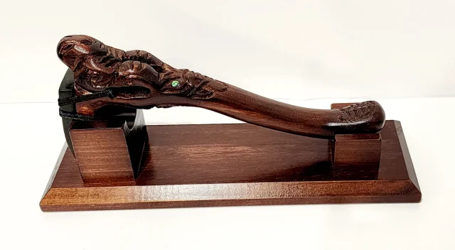 Wooden Carved & New Zealand Greenstone Toki on Stand