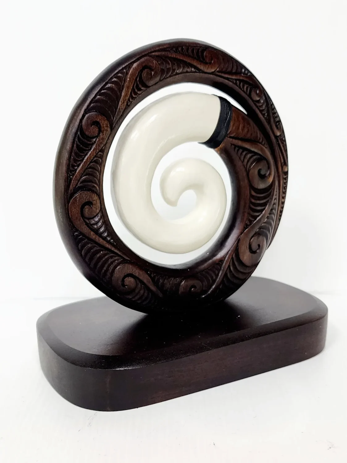 Wooden Carved Koru with White Resin on Base 175mm High