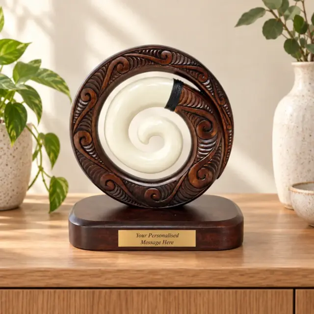 Wooden Carved Koru with White Resin on Base 175mm High