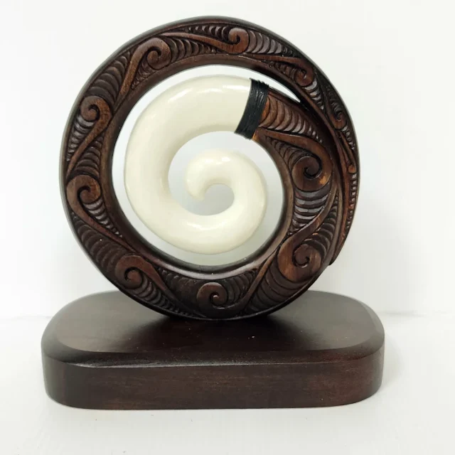 Wooden Carved Koru with White Resin on Base 175mm High