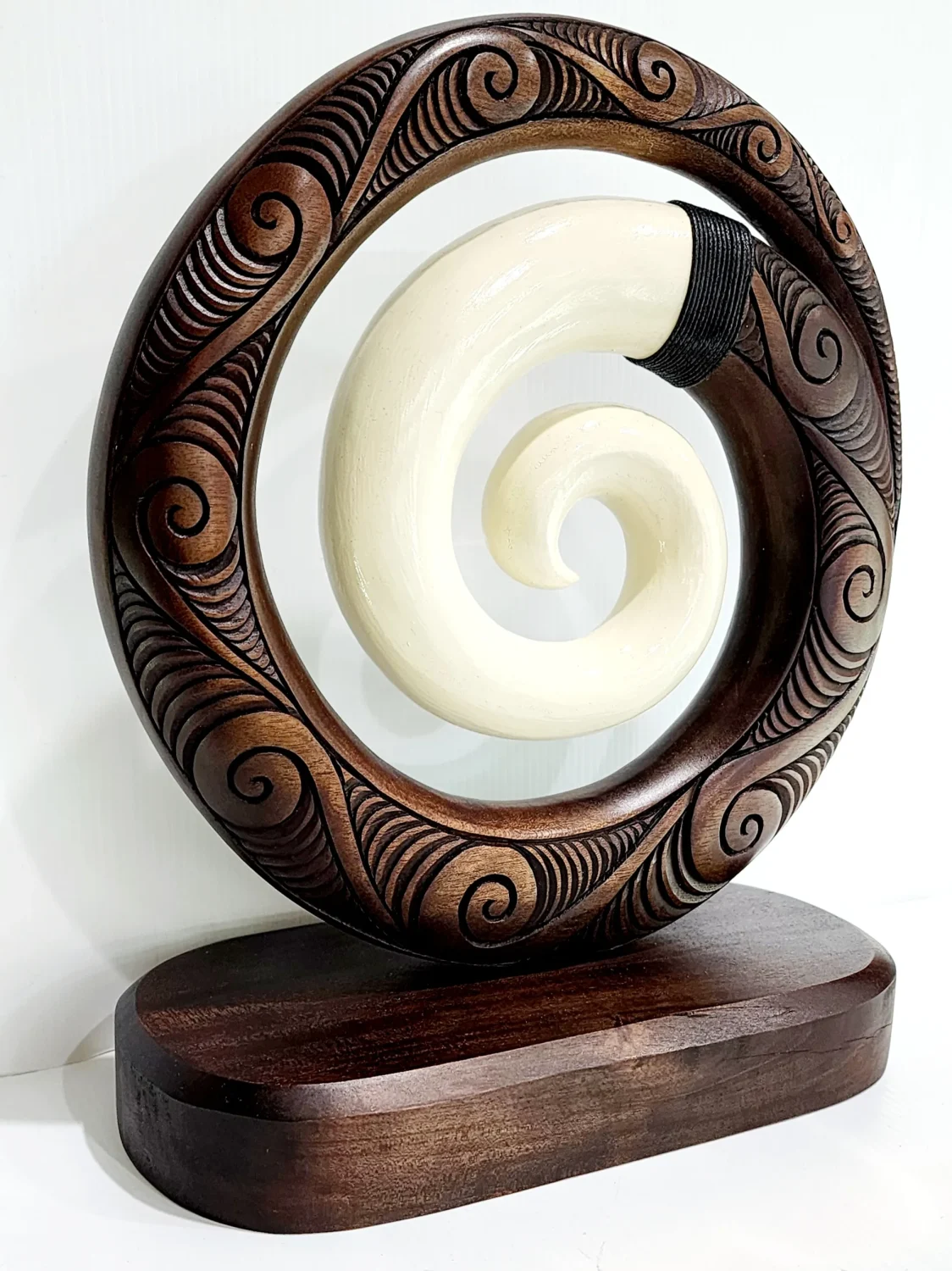 Wooden Carved Koru with White Resin on Base 300mm High