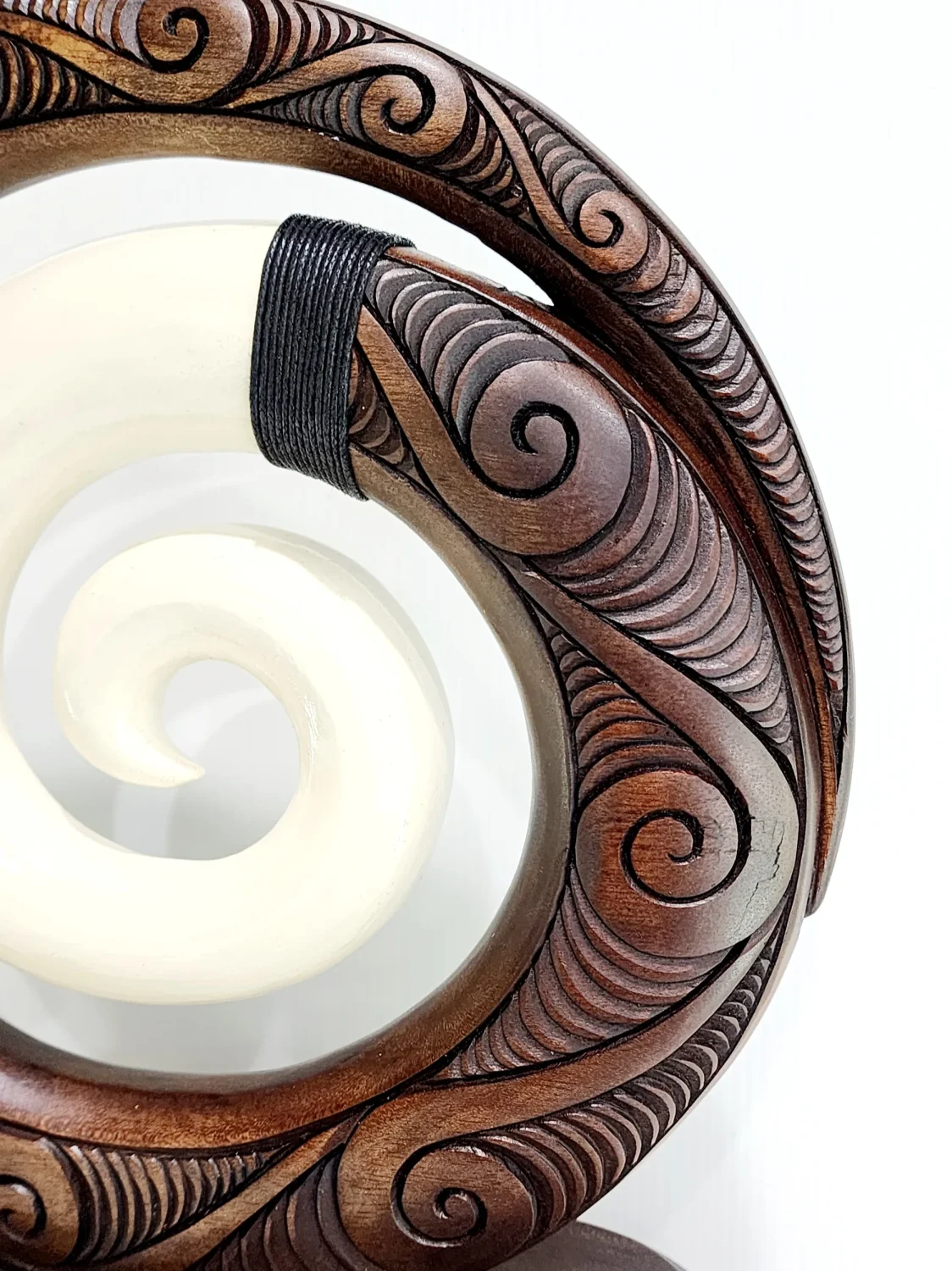 Wooden Carved Koru with White Resin on Base 300mm High