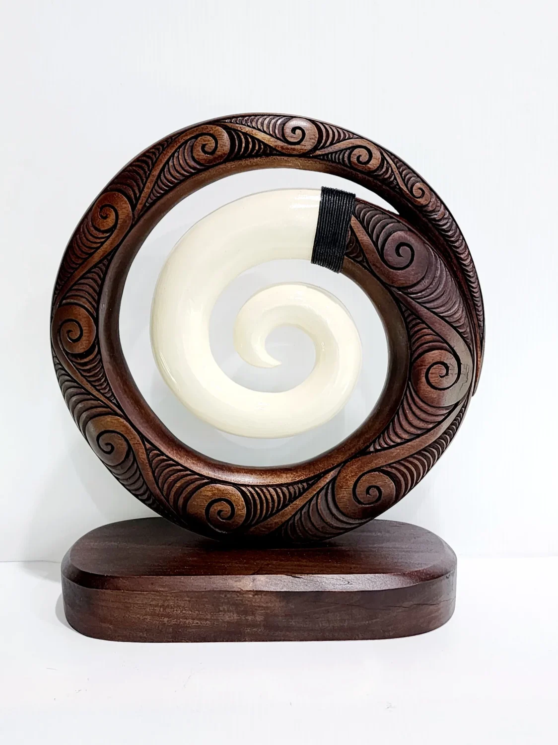 Wooden Carved Koru with White Resin on Base 300mm High