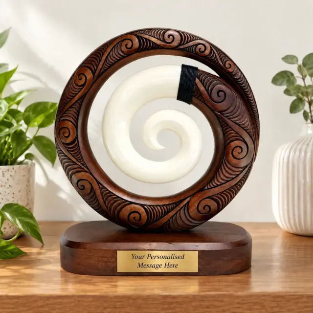 Wooden Carved Koru with White Resin on Base 300mm High