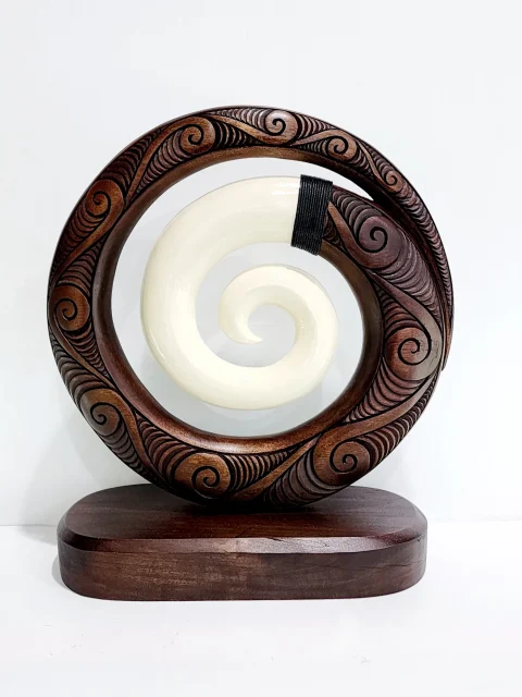 Wooden Carved Koru with White Resin on Base 300mm High
