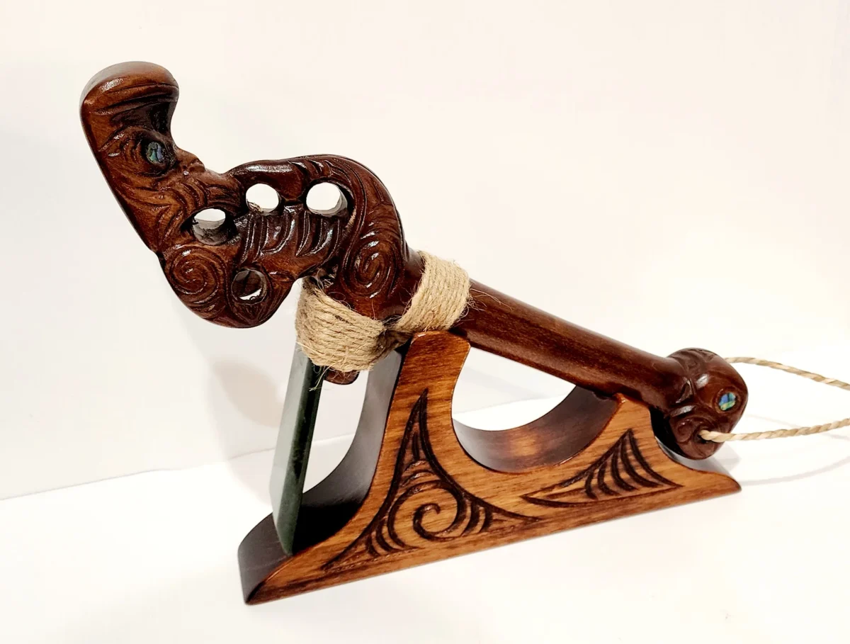 Wooden Carved Large Kauri Toki with Greenstone / Pounamu on Stand