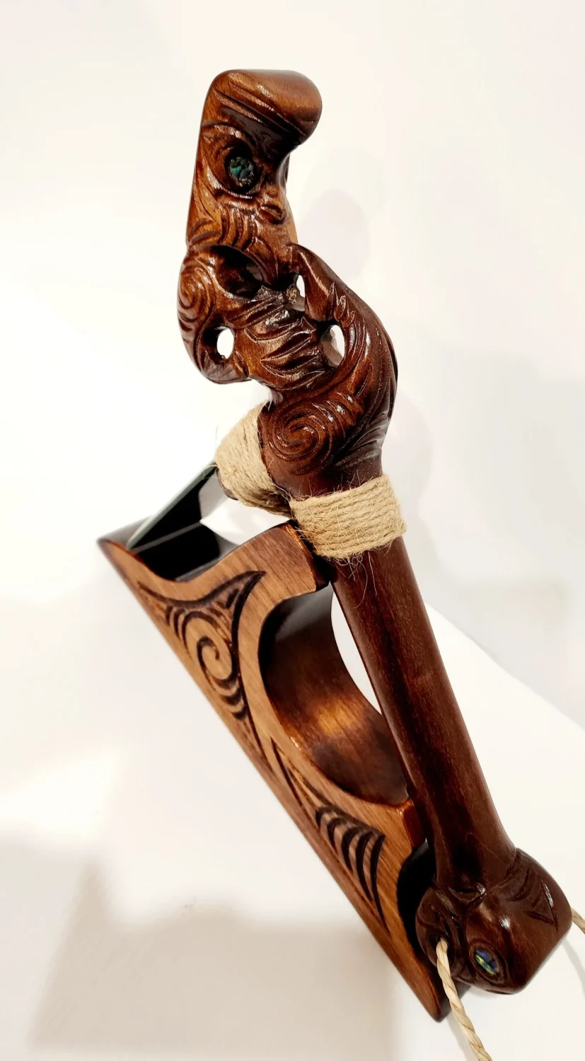 Wooden Carved Large Kauri Toki with Greenstone / Pounamu on Stand