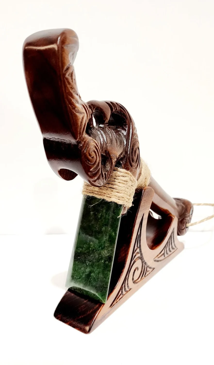 Wooden Carved Large Kauri Toki with Greenstone / Pounamu on Stand