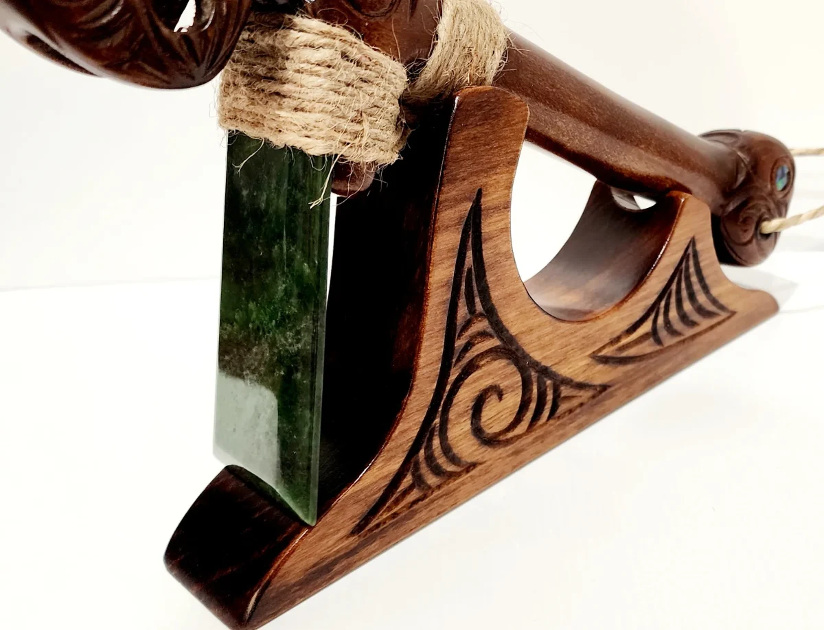 Wooden Carved Large Kauri Toki with Greenstone / Pounamu on Stand