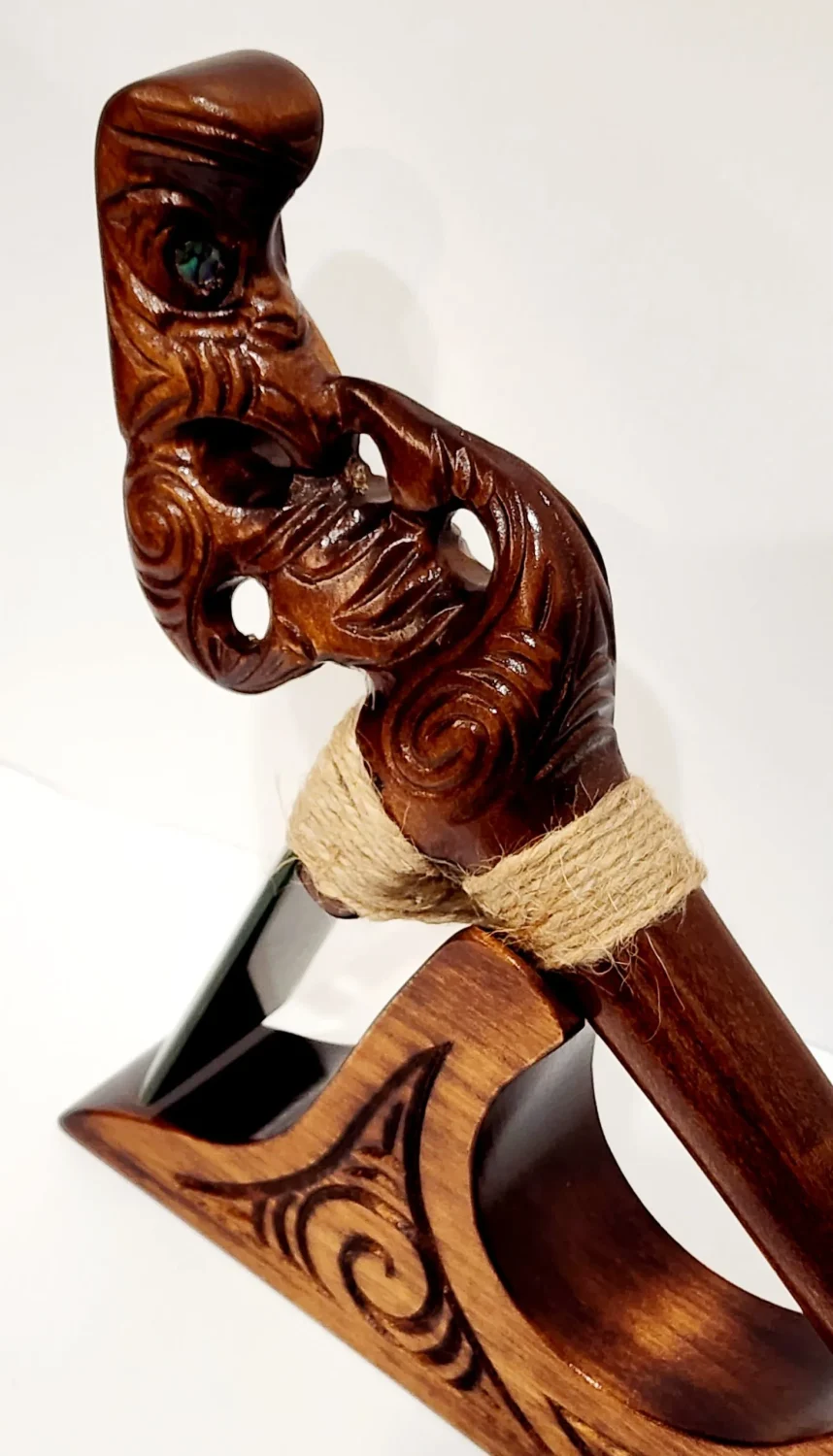 Wooden Carved Large Kauri Toki with Greenstone / Pounamu on Stand