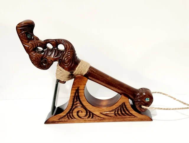 Wooden Carved Large Kauri Toki with Greenstone / Pounamu on Stand