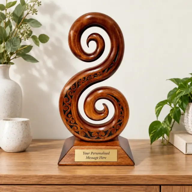 Wooden Carved Large Maori Carved Double Koru and Laser Engraved Patterns on Stand
