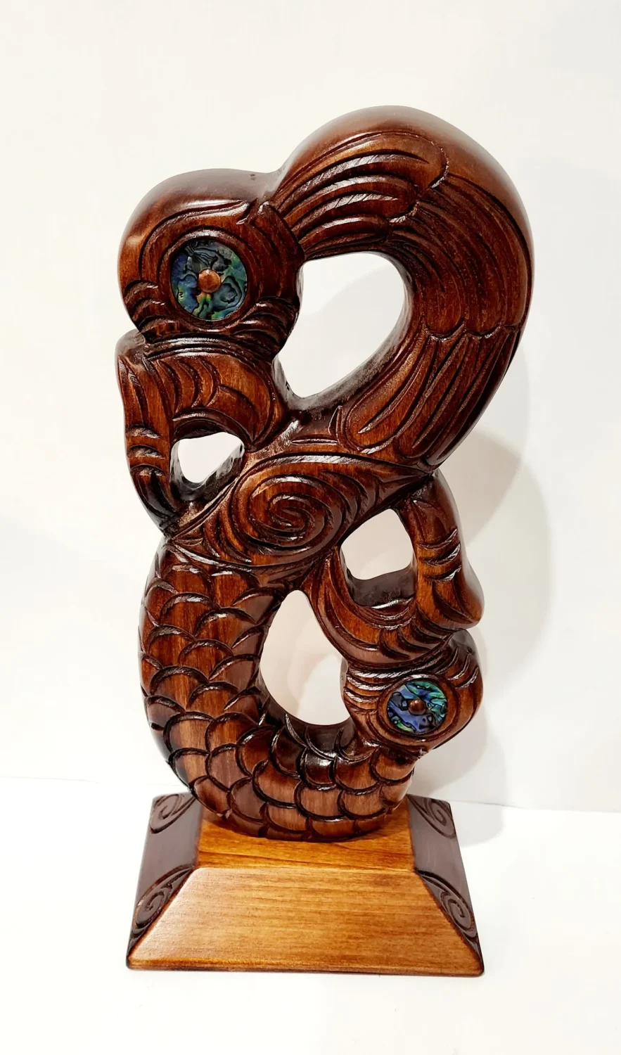 Wooden Carved Large Maori Mania with Paua Shell Eyes Inlay on Stand