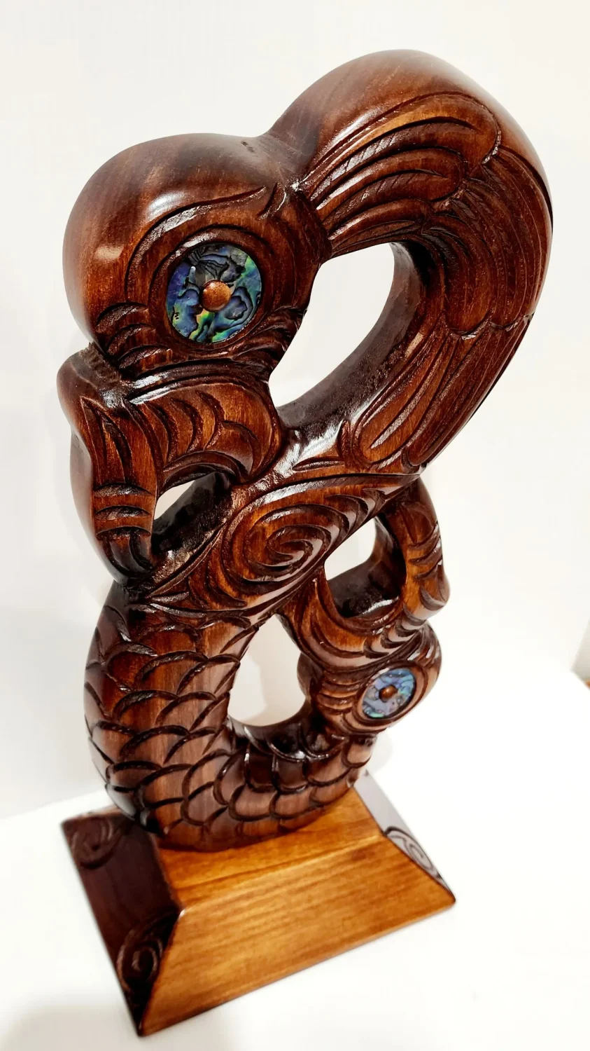 Wooden Carved Large Maori Mania with Paua Shell Eyes Inlay on Stand