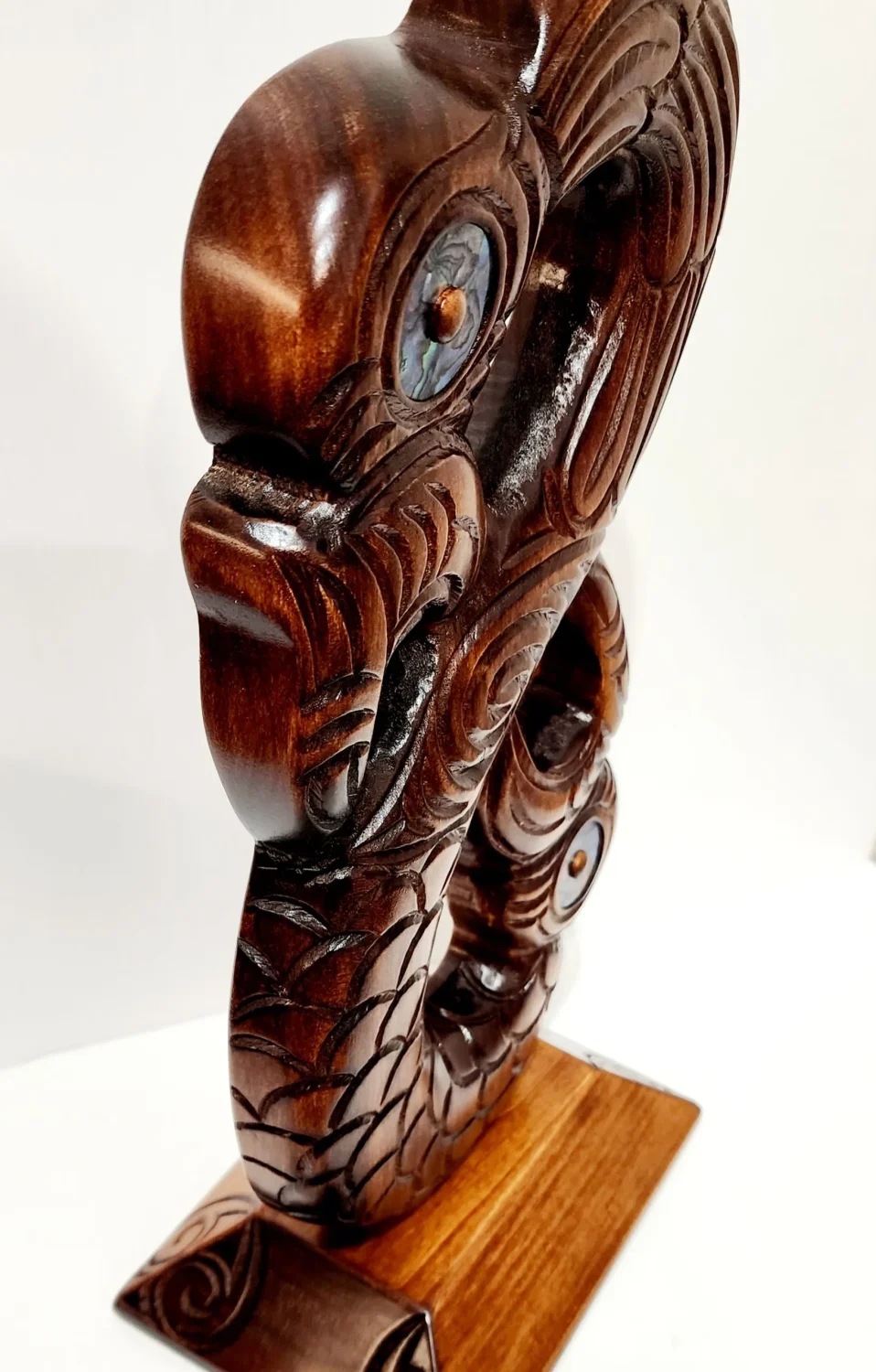 Wooden Carved Large Maori Mania with Paua Shell Eyes Inlay on Stand