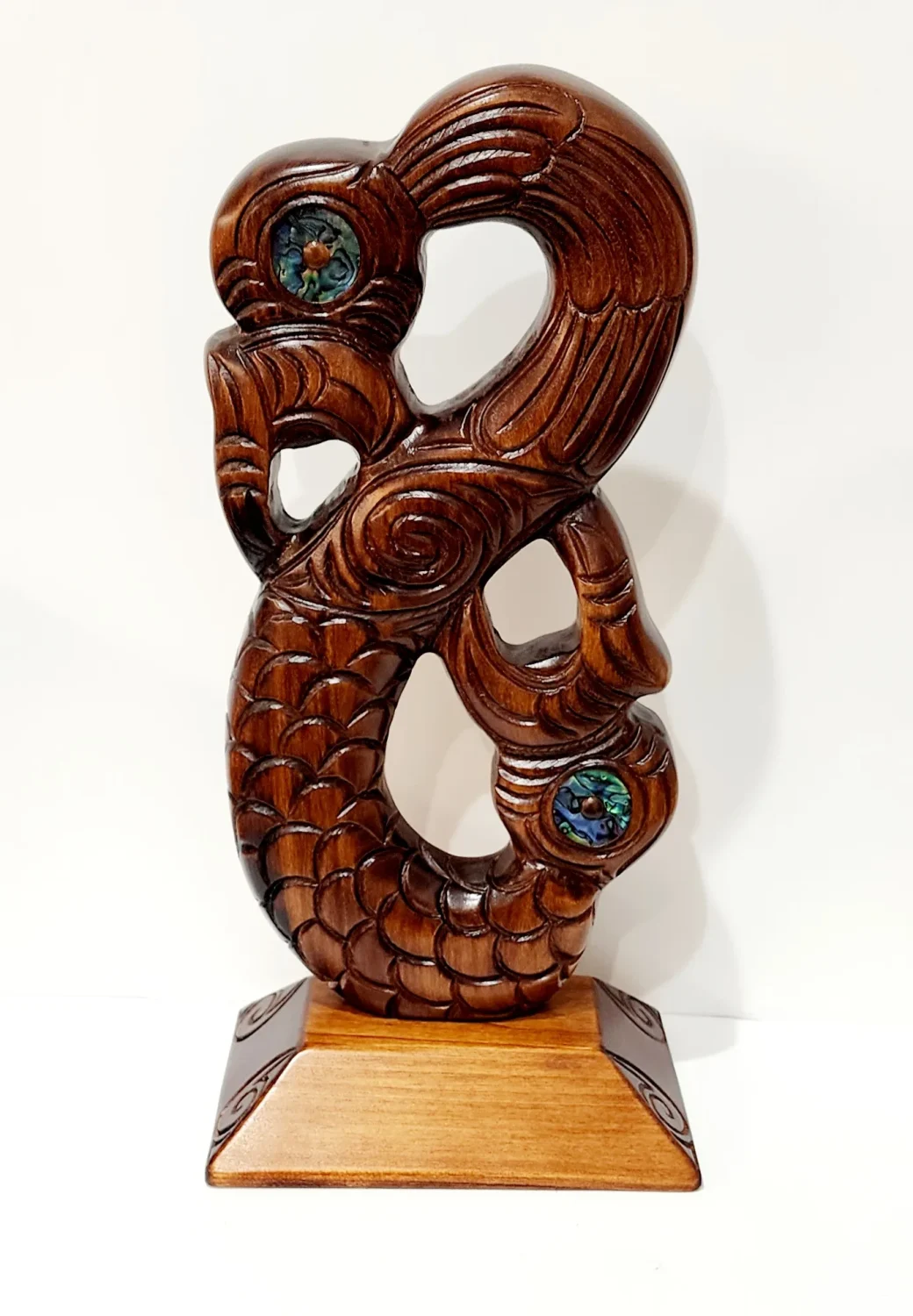 Wooden Carved Large Maori Mania with Paua Shell Eyes Inlay on Stand