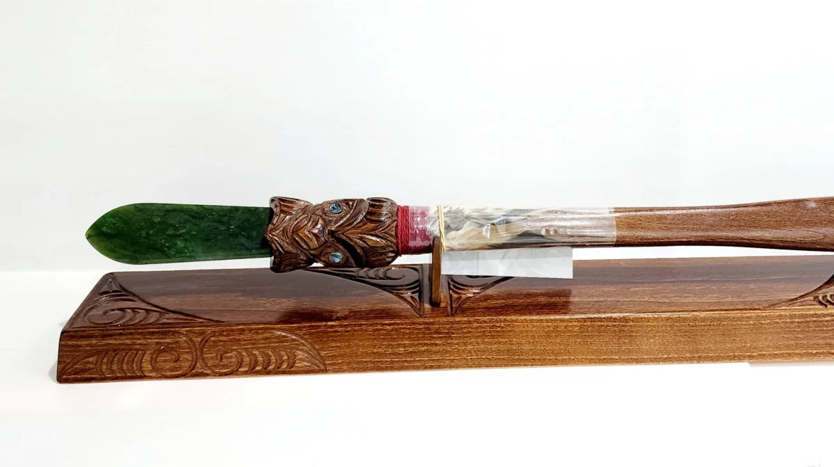 Wooden Carved Maori 21st Birthday Taiaha with Greenstone/Pounamu Tongue on Stand with 21 Paua Inlay