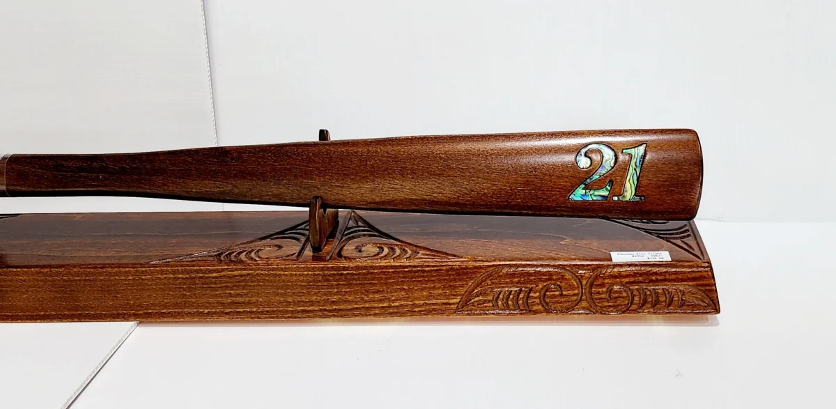 Wooden Carved Maori 21st Birthday Taiaha with Greenstone/Pounamu Tongue on Stand with 21 Paua Inlay