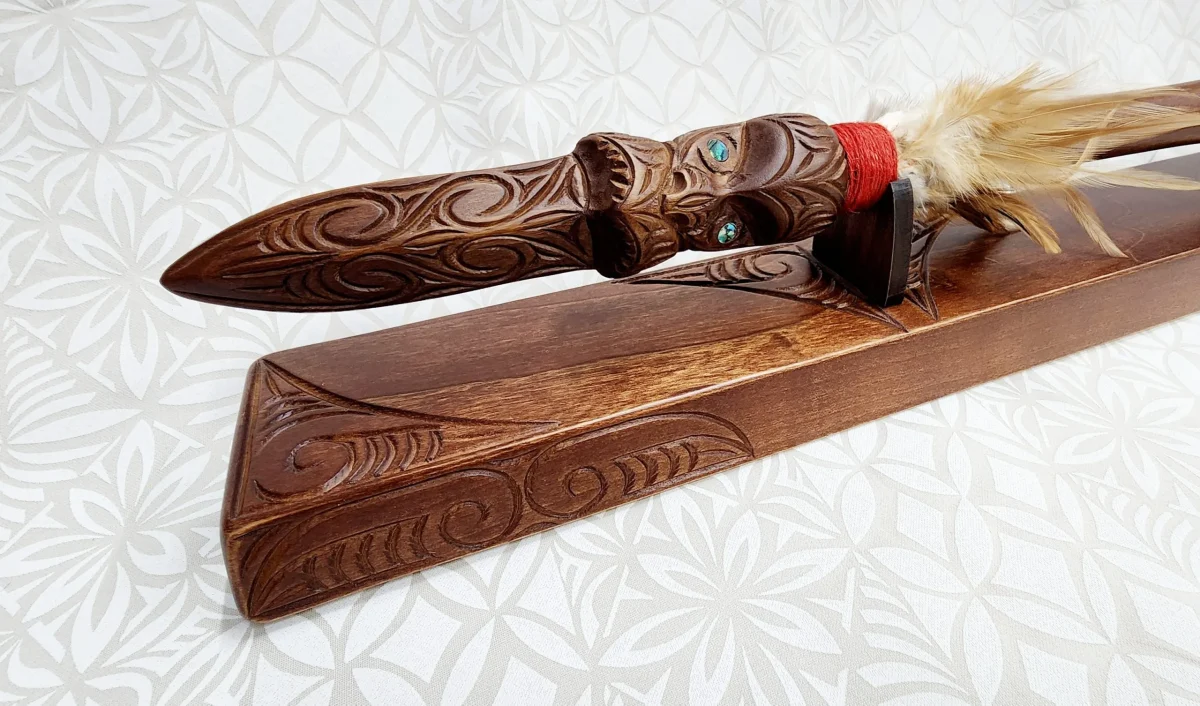 Wooden Carved Maori Taiaha on Stand