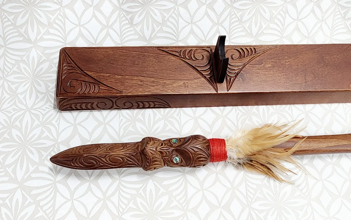 Wooden Carved Maori Taiaha on Stand