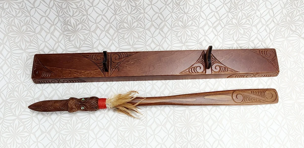 Wooden Carved Maori Taiaha on Stand