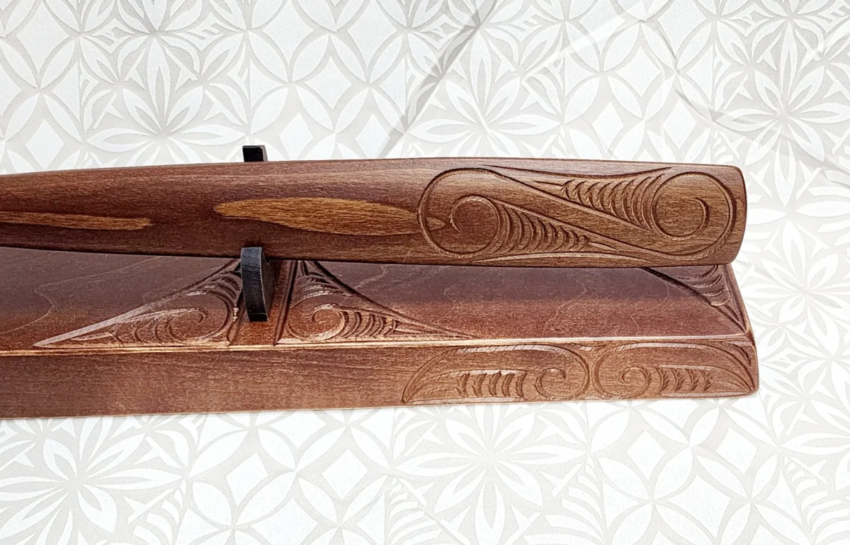 Wooden Carved Maori Taiaha on Stand