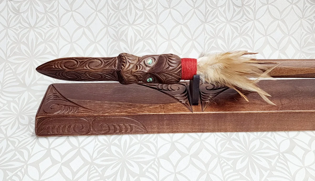 Wooden Carved Maori Taiaha on Stand