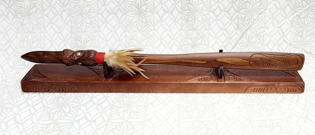 Wooden Carved Maori Taiaha on Stand