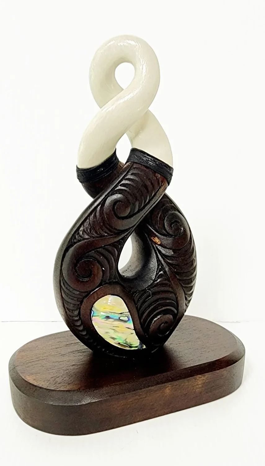 Wooden Carved Twist with White Resin with Paua Shell Inlay on Base 180mm High