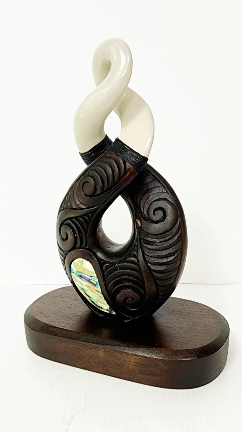 Wooden Carved Twist with White Resin with Paua Shell Inlay on Base 180mm High