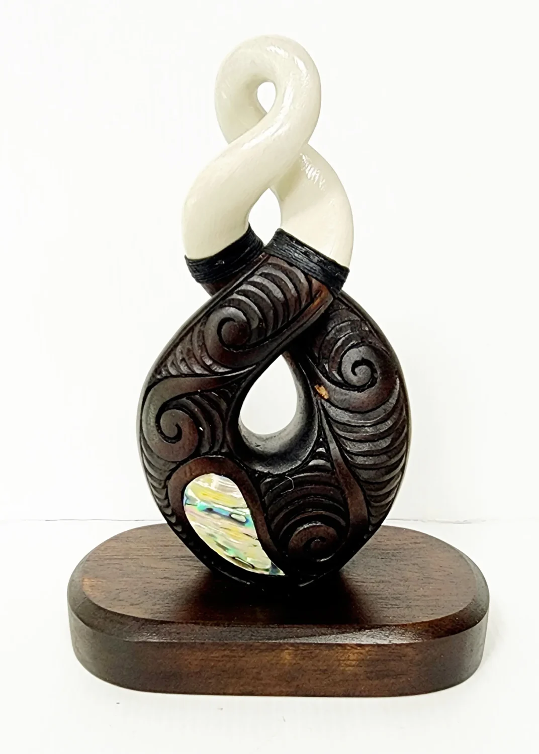 Wooden Carved Twist with White Resin with Paua Shell Inlay on Base 180mm High
